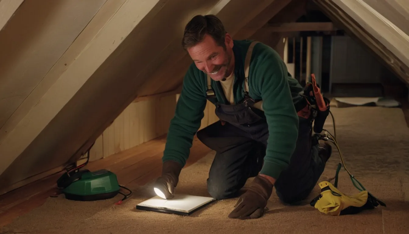 Friendly provider and homeowner inspecting an attic hatch in a Attleboro home with a flashlight and notepad